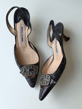 Manolo Blahnik vintage black python slingback with rhinestone buckle, IT 38